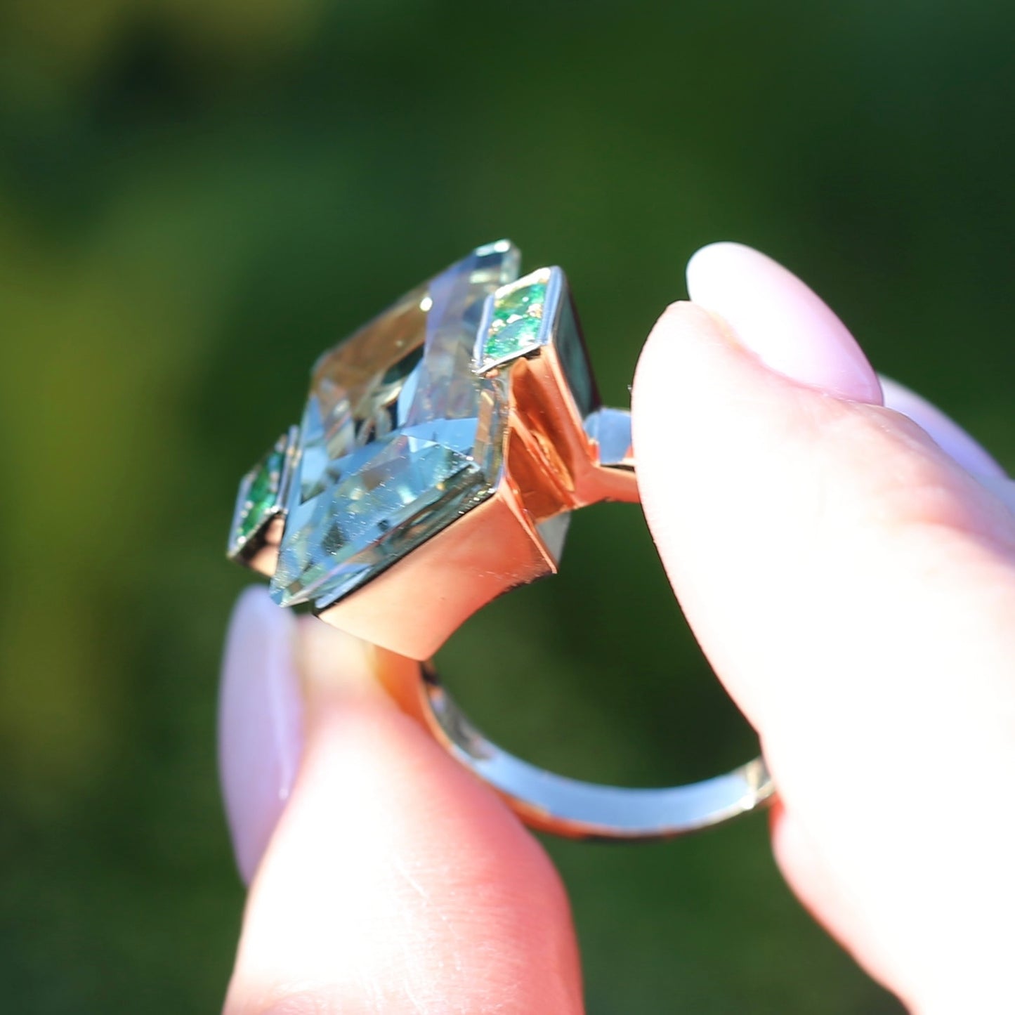 Vintage 15ct Prasiolite Green Quartz and Chrome Diopside Cocktail Ring, size U or 10