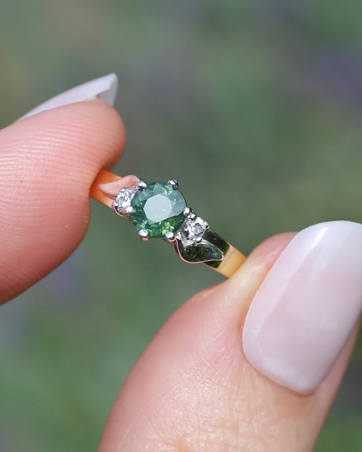 1ct Natural Green Sapphire Ring with White Spinel Side Stones, Silver and 9ct Yellow Gold, size M or 6.25, 2.1g