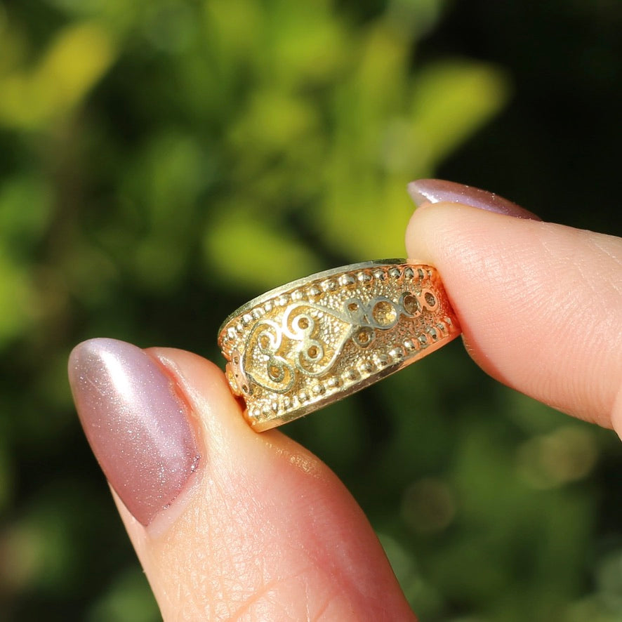 Chunky Embossed Decorative Wide Gold Ring, 14ct Yellow Gold, size N1/2 or 7