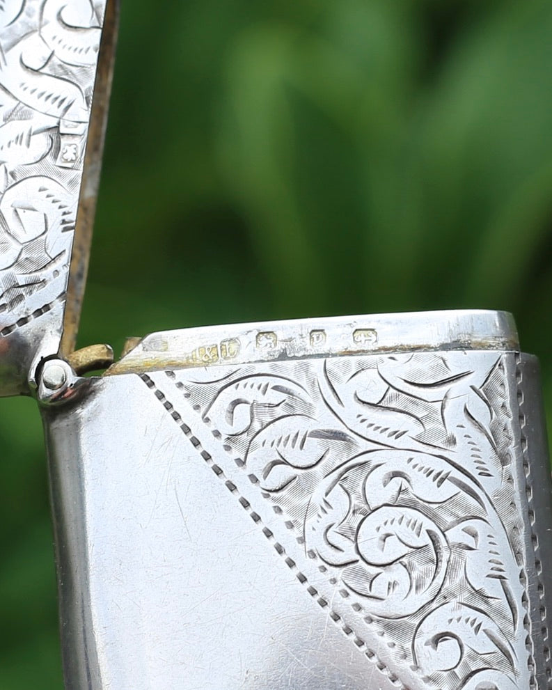 Antique 1898- 1899 Silver Vesta Case, With Leaf Design, initials FK 24.8g