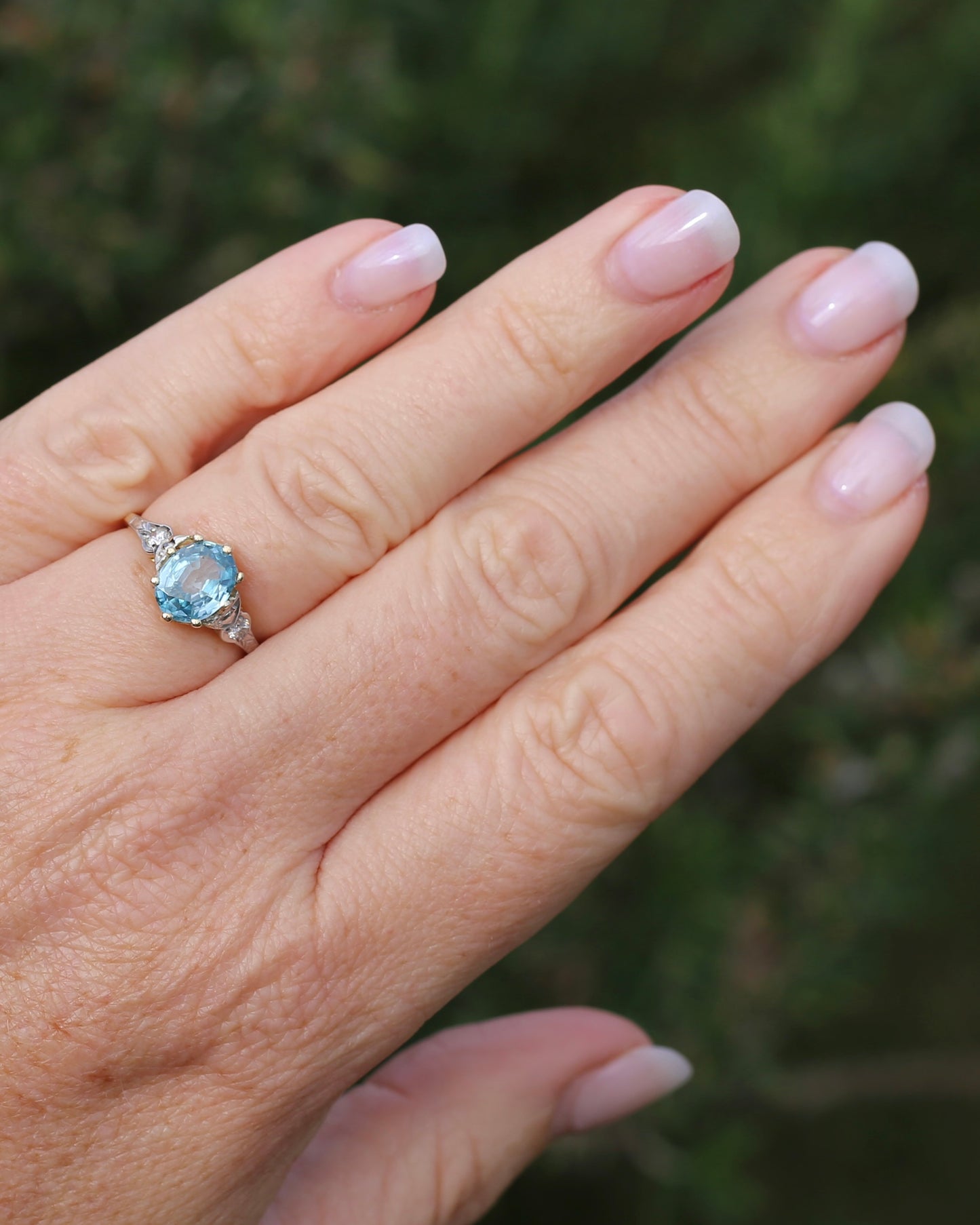 Circa 1930s Art Deco Blue Zircon and Diamond Ring, 18ct size just over M1/2 or 6.5, 2.80g