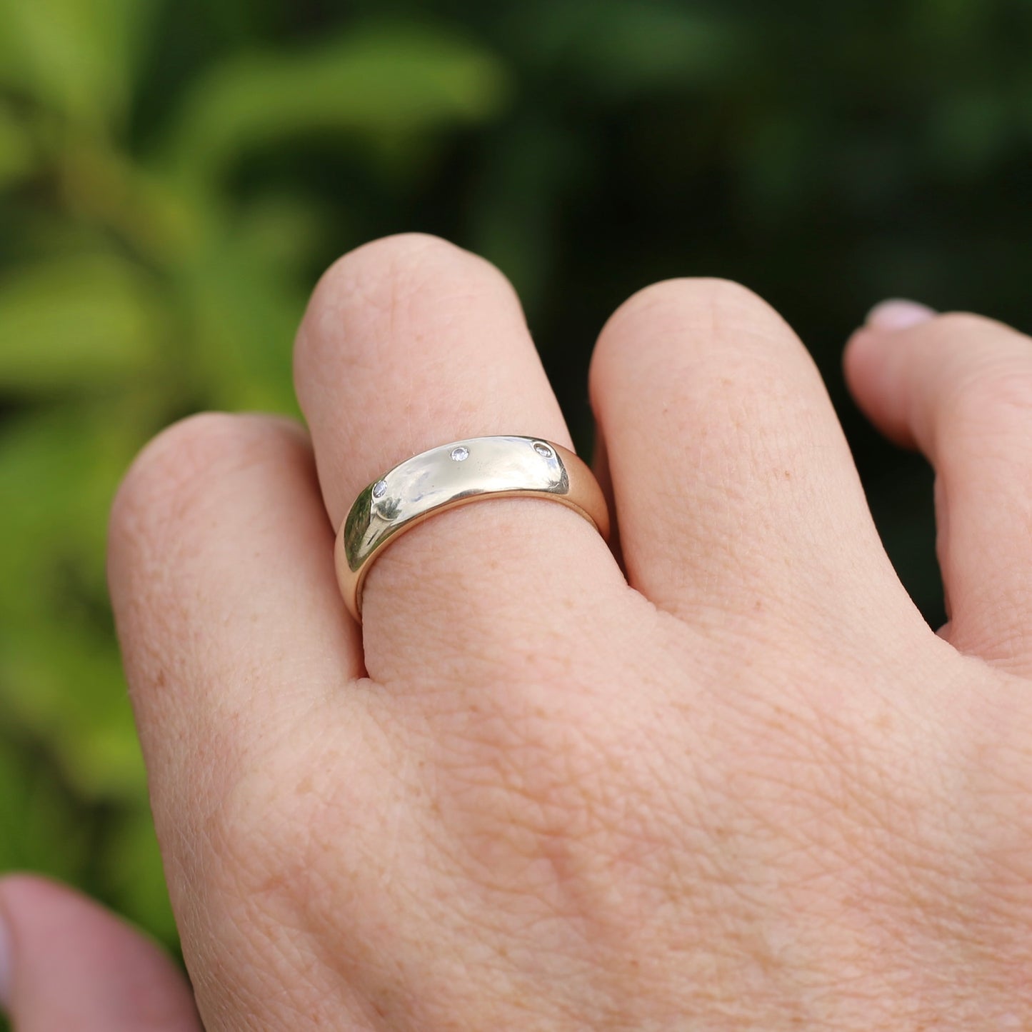 Chunky Half Round 9ct Gold Ring with 3 Punch Set Diamonds, 9ct Yellow Gold, size 8.5 or just under R