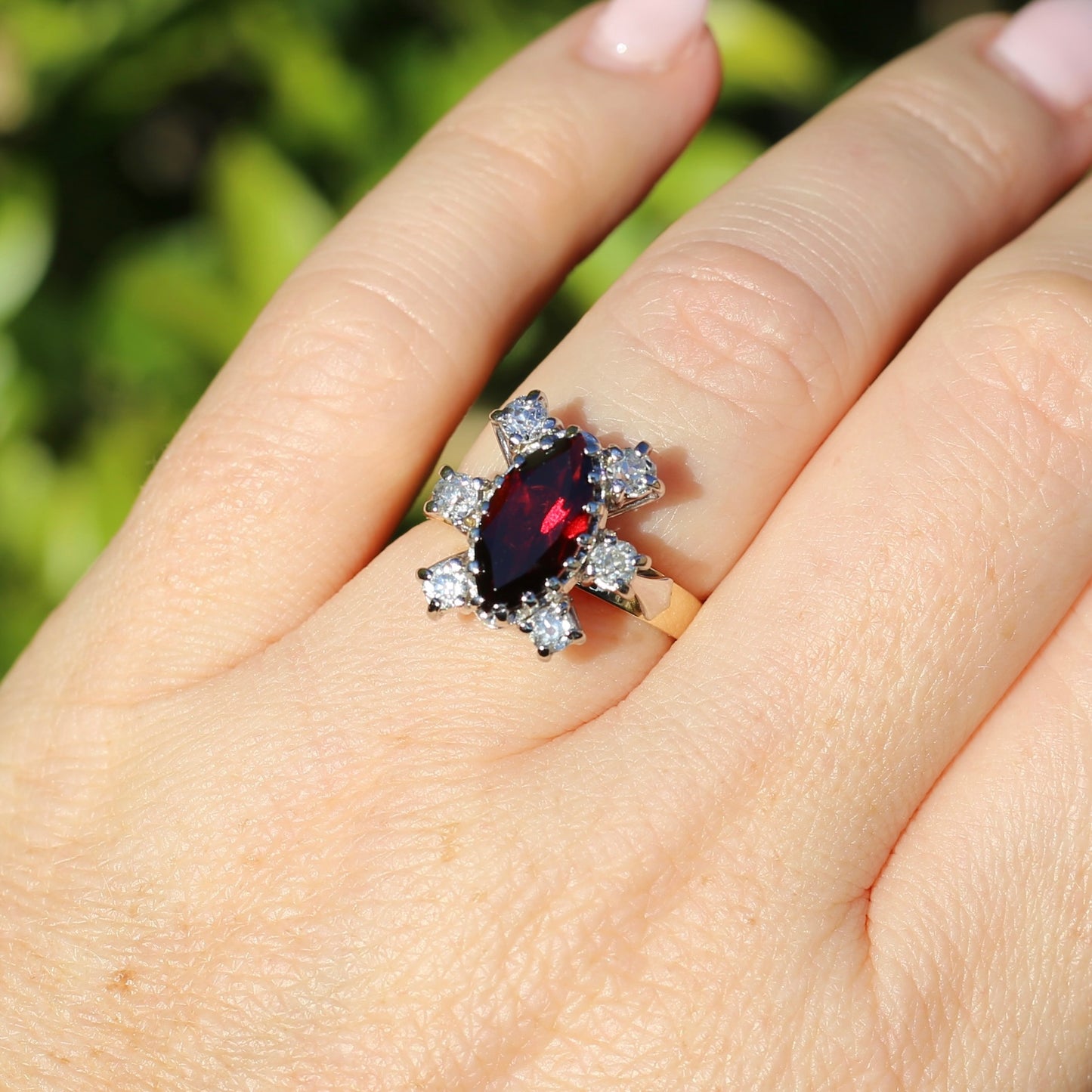 Viking feel Marquise Garnet With 6 Transitional Cut Diamonds, 18ct White and Yellow Gold, size N1/2 or 7