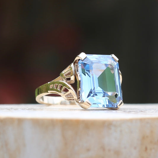 Mid Century Emerald Cut Blue Spinel Cocktail Ring, size N1/2 or 6.75