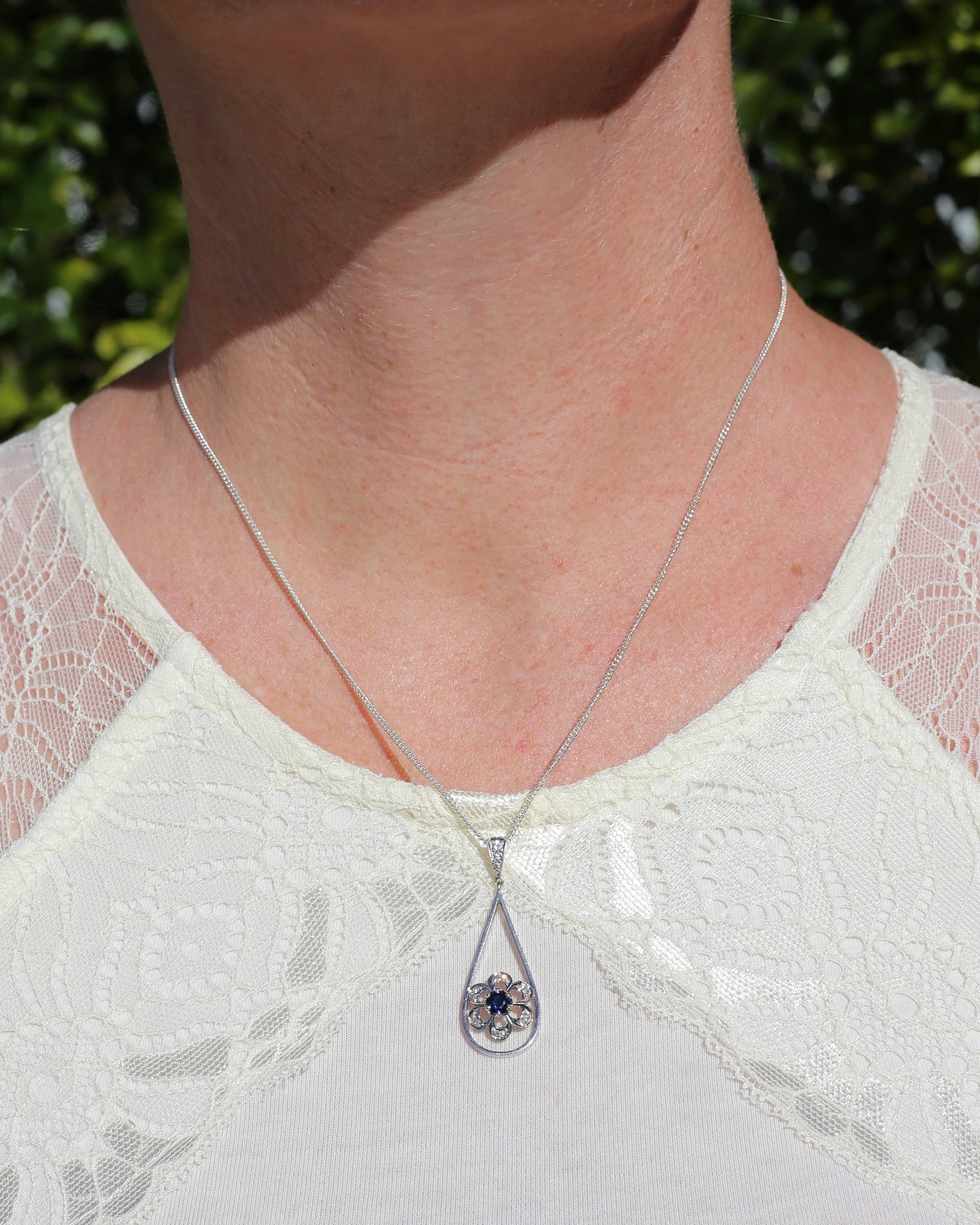 Vintage Natural Sapphire and Diamond Pendant, 18ct White Gold, 2.64g