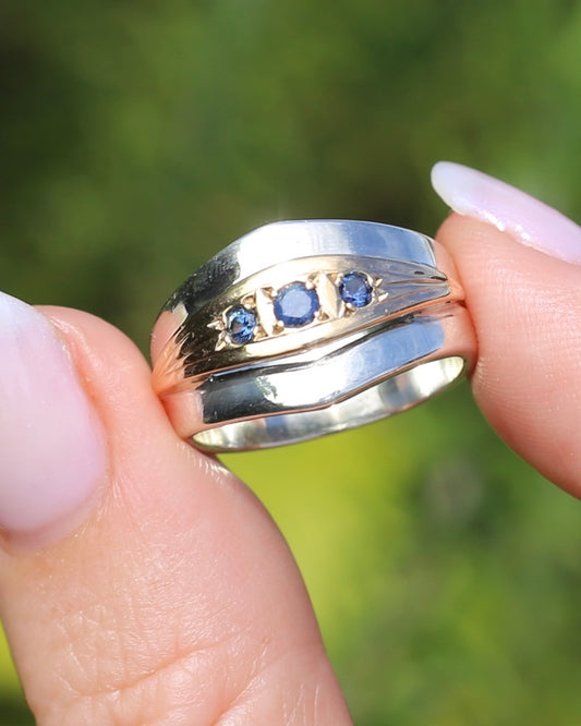 Mixed Metal Wide Band Featuring 3 Rubyvale Sapphires Mined in 1992, Sterling Silver and 14ct Yellow Gold, size O or just over 7 (fits more like an M1/2 or N), 6.81g