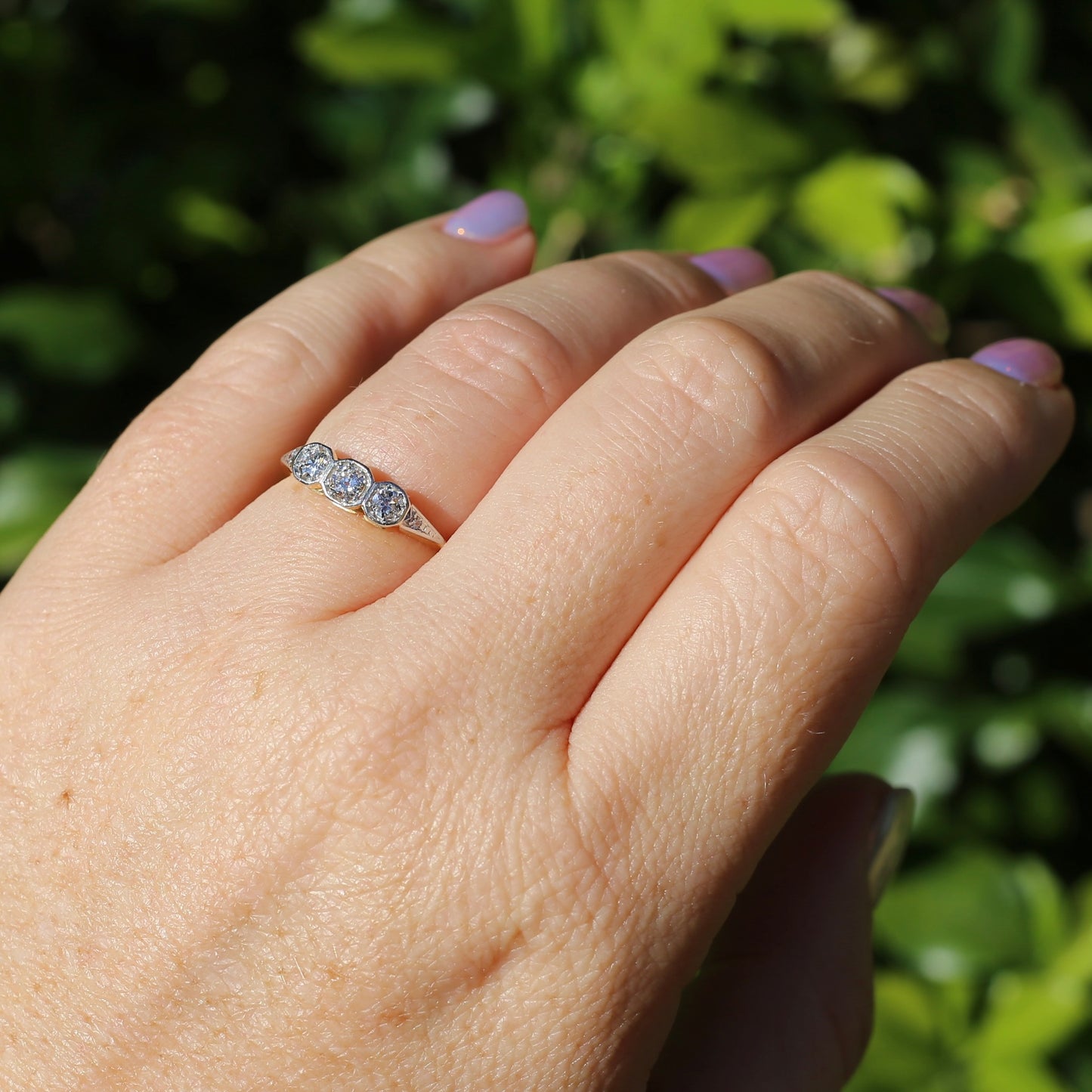 1930s Old and Transitional Cut Diamond Trilogy, 18ct Yellow and White Gold, size N or 6.75