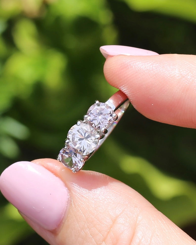 3.7ct Pale Pink Australian Zircon Trilogy Ring, 10ct and 18ct White Gold, size O or just over 7, 3.72g