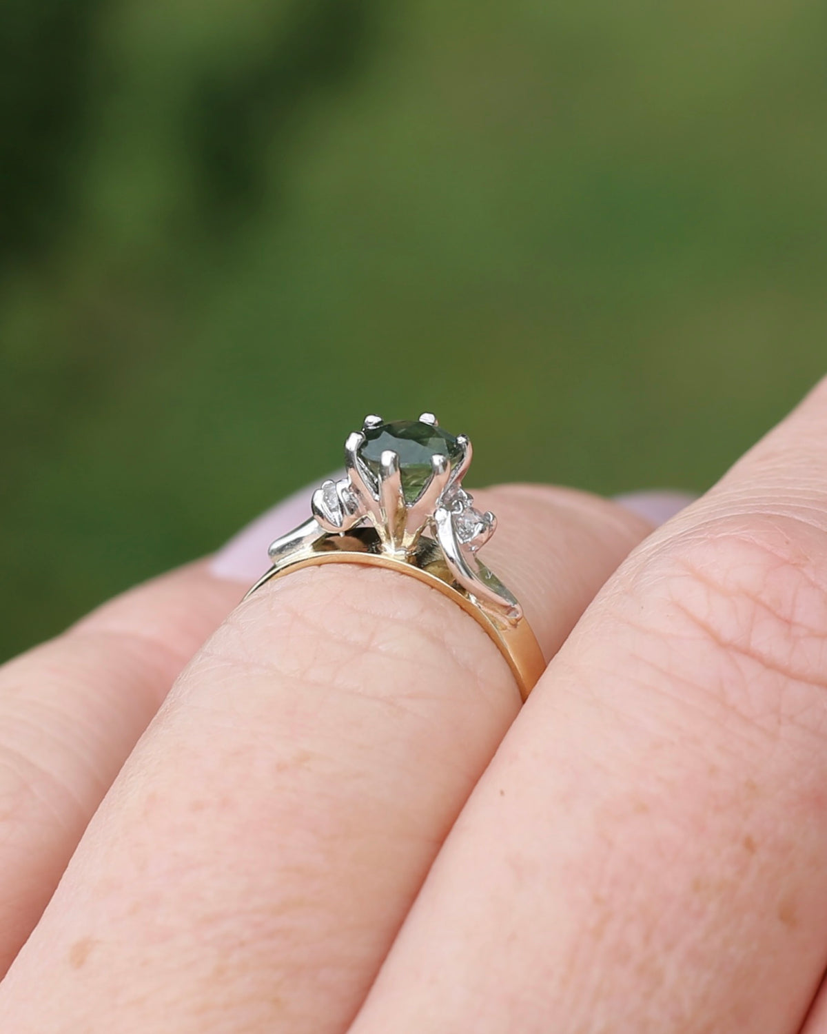 1ct Natural Green Sapphire Ring with White Spinel Side Stones, Silver and 9ct Yellow Gold, size M or 6.25, 2.1g