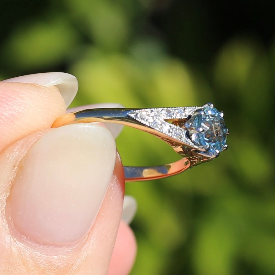 Pristine Early Australian 1930s Dunklings Blue Zircon & Diamond RIng, size L or just over 5.5