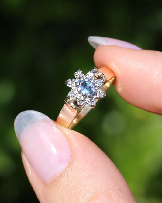 Vintage Aquamarine and Diamond Halo Ring, 9ct Yellow and White Gold, size M or 6.25, 3.6g