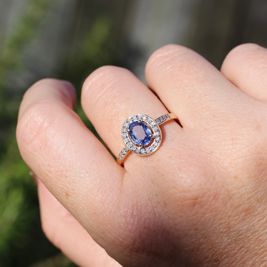 Sapphire and Single Cut Diamond Halo, 9ct Yellow Gold, size 10.25 or just bigger than U