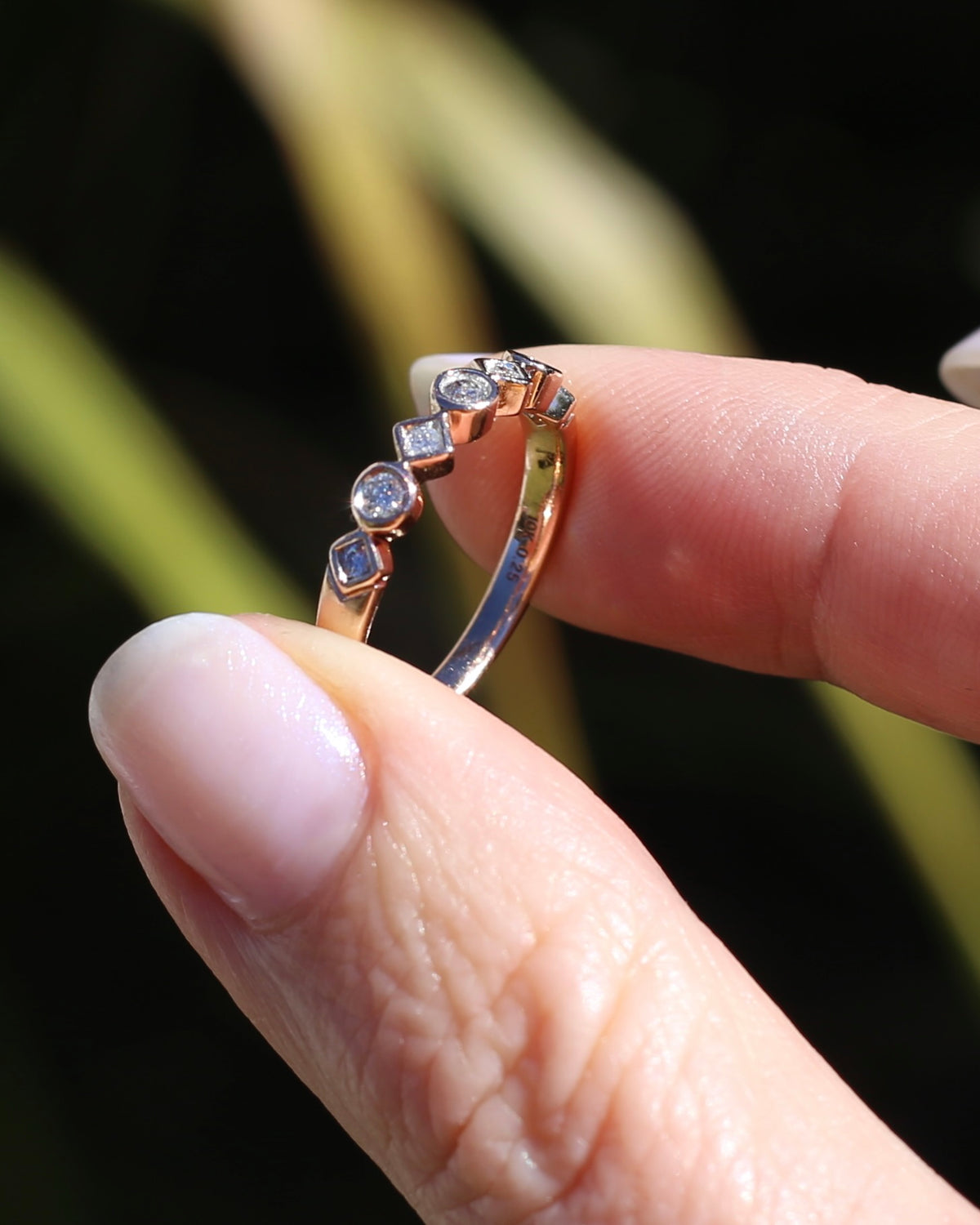 0.25ct 7 Stone Natural Diamond Bezel Set Round and Geometric Rose Gold Stacker, 10ct Rose Gold, size O or 7.25