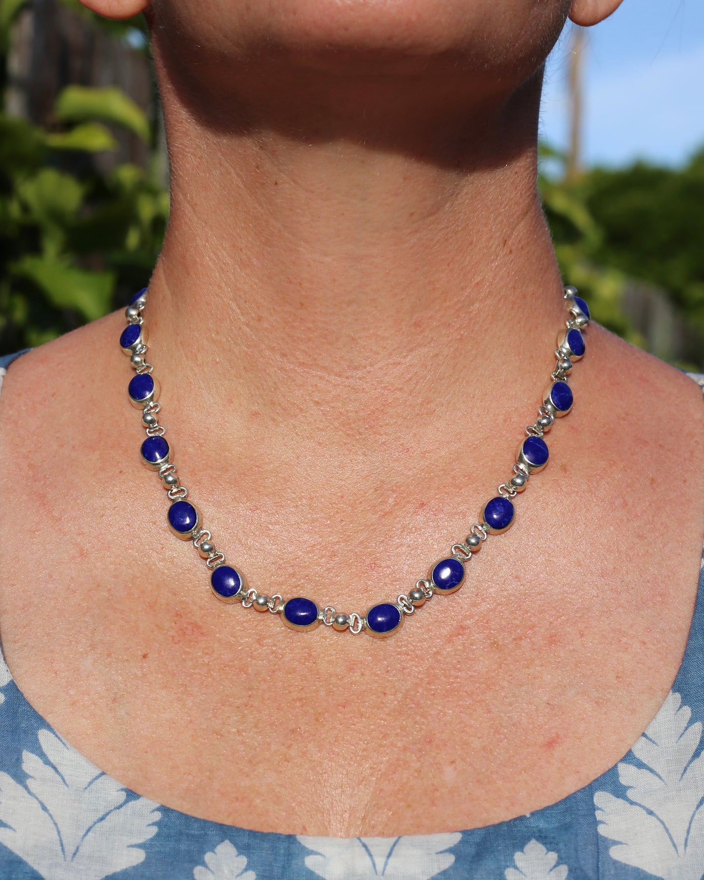 Vintage Mexican Bezel Set Lapis Necklace, 19 inches or 48cm, 51.6g