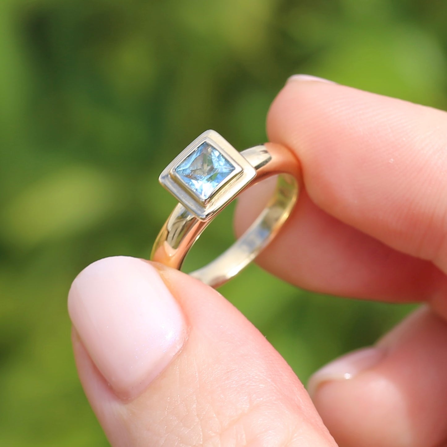 Chunky Bezel Set Princess Cut Blue Topaz, 9ct Yellow Gold, Size M1/2 or 6.5