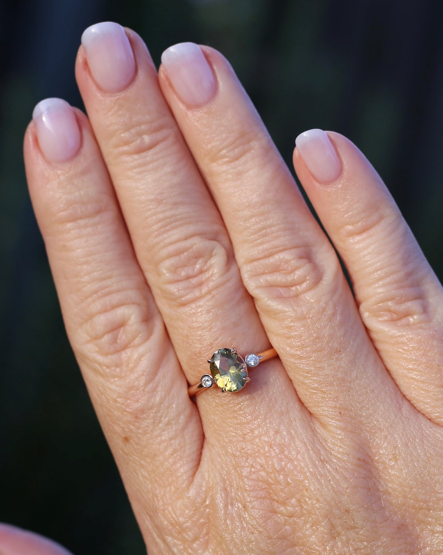 1.57ct Natural Golden Tanzanite Zoisite and Diamond Trilogy Ring, 14ct Rose Gold, size 8.75 or just over R, 3.3g, with valuation