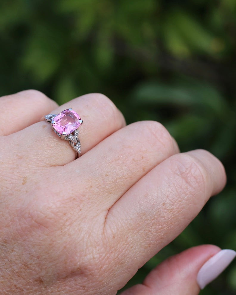 Pale Pink Tourmaline and Old Cut Diamond Shoulder Ring, 18ct White Gold and Platinum, size N or 6.75, 2.63g