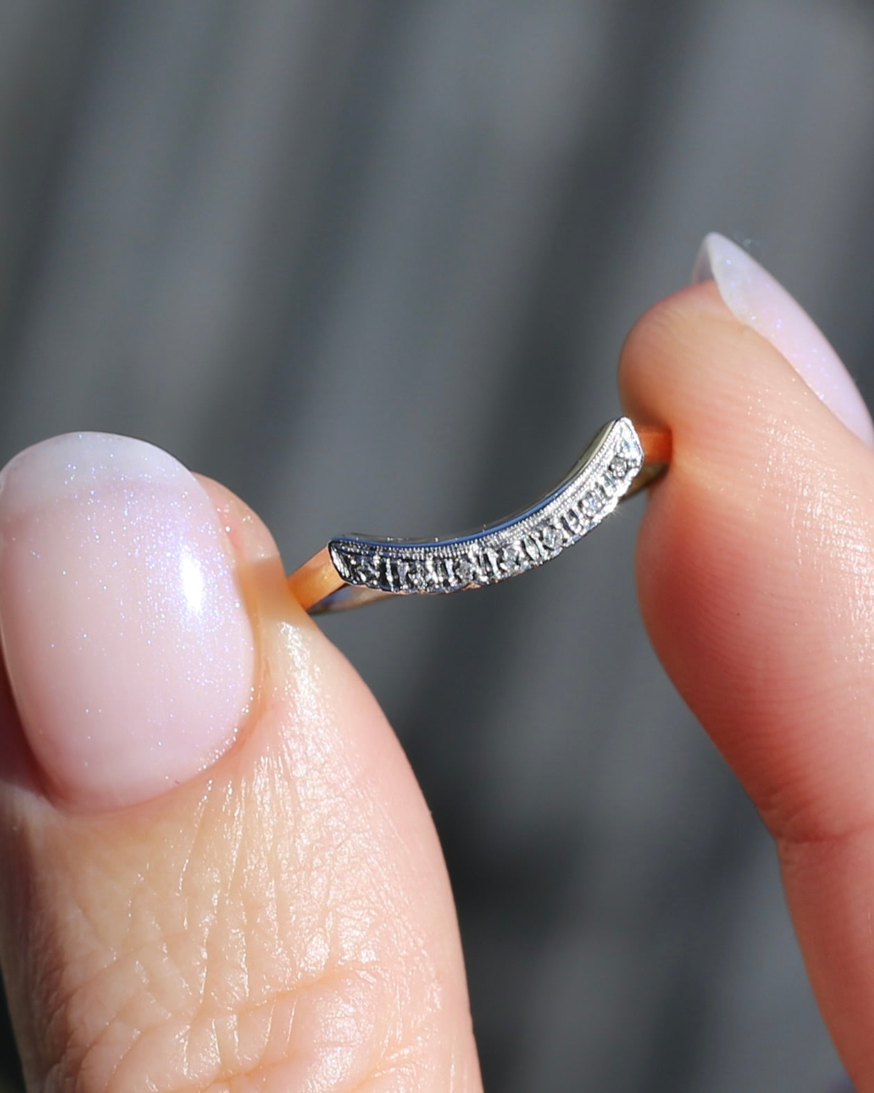Vintique 7 Stone Single Cut Diamond & Milgrain Curved Stacker Ring, 14ct Yellow and White Gold, size P or just over 7.5, 1.49g