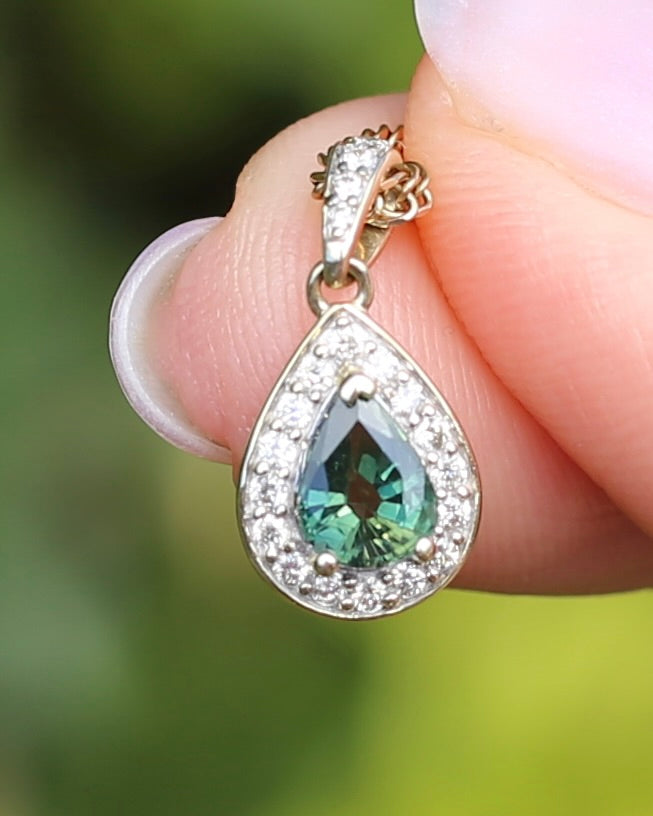 0.75ct Natural Green Parti and Natural Diamond Halo Pendant, 9ct Yellow Gold, 0.86g