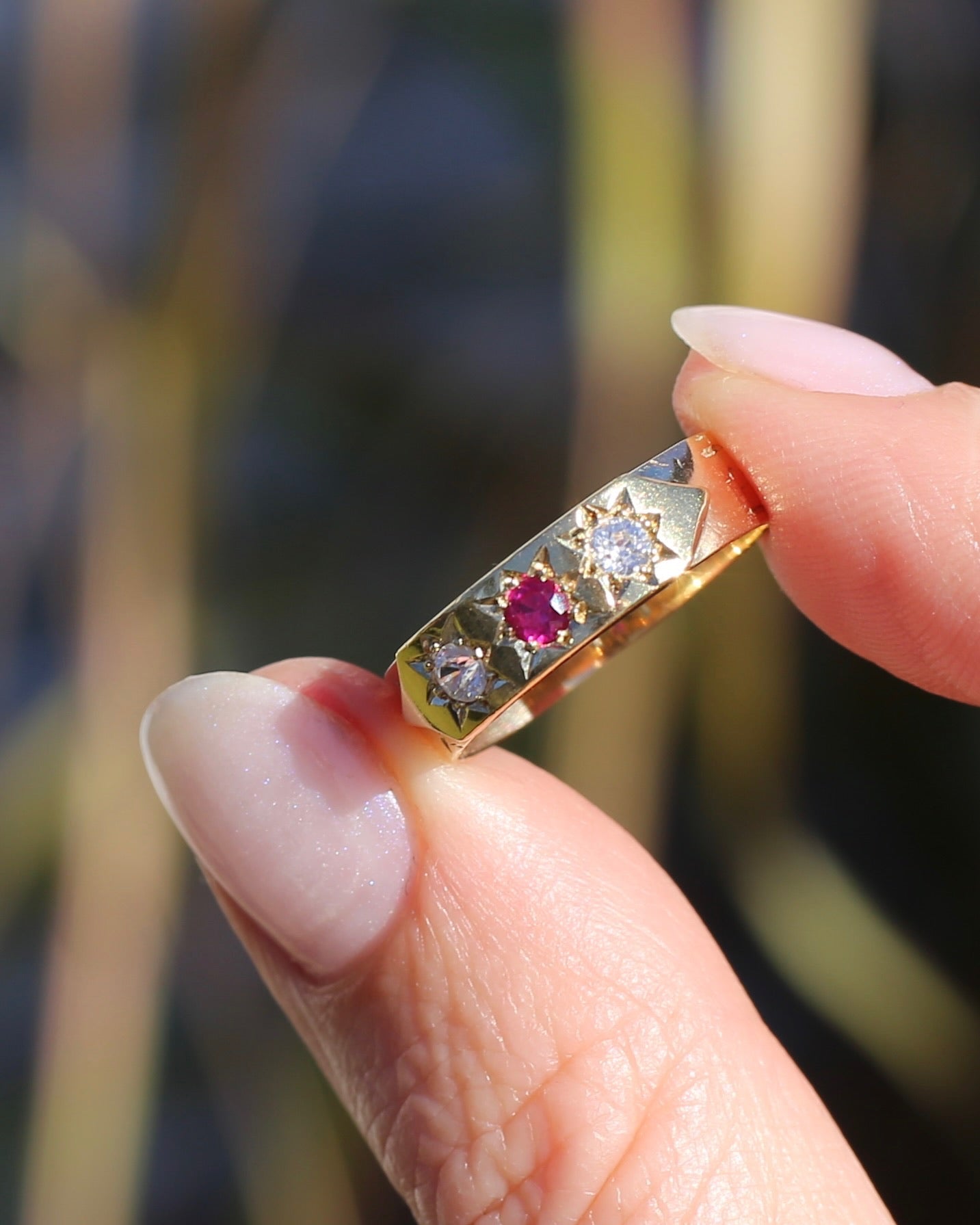 1873 15ct Band with 18ct Trilogy Old Cut Star Set Addition, 15 & 18ct Gold, size R1/2 or 8.75 (fits slightly smaller)