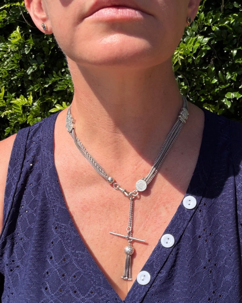 Antique 1901 Double Albertina Necklace with T-bar and Tassel, Sterling Silver, 43.75g