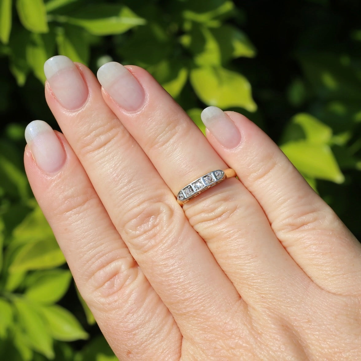 1930s Old Cut 5 Stone Diamond Ring, Platinum and 18ct Yellow Gold, size L or 5.75