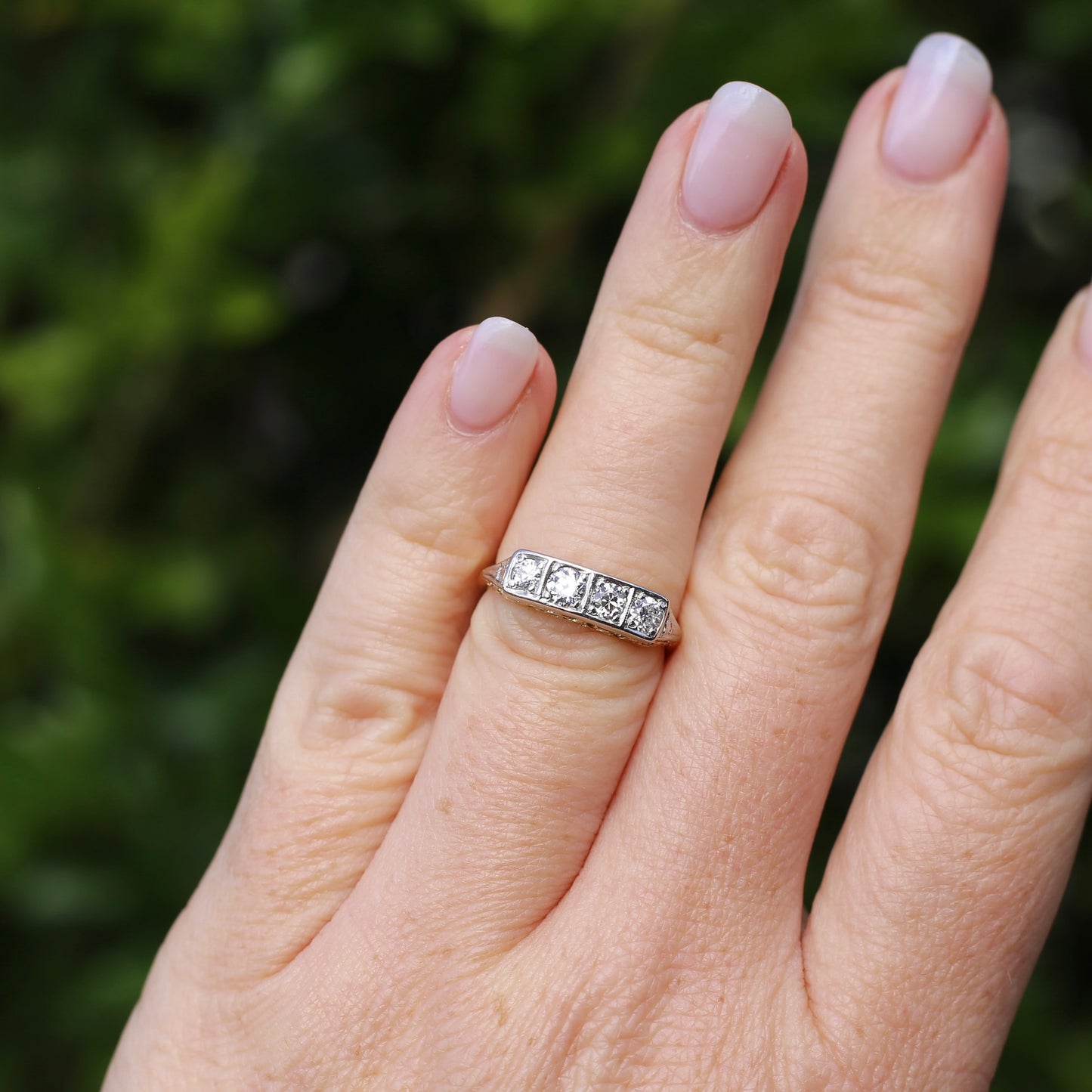 1930s 4 Stone Transitional Cut Diamond Mixed Metal Ring, 18ct Yellow Gold & Platinum, size M or just bigger than 6