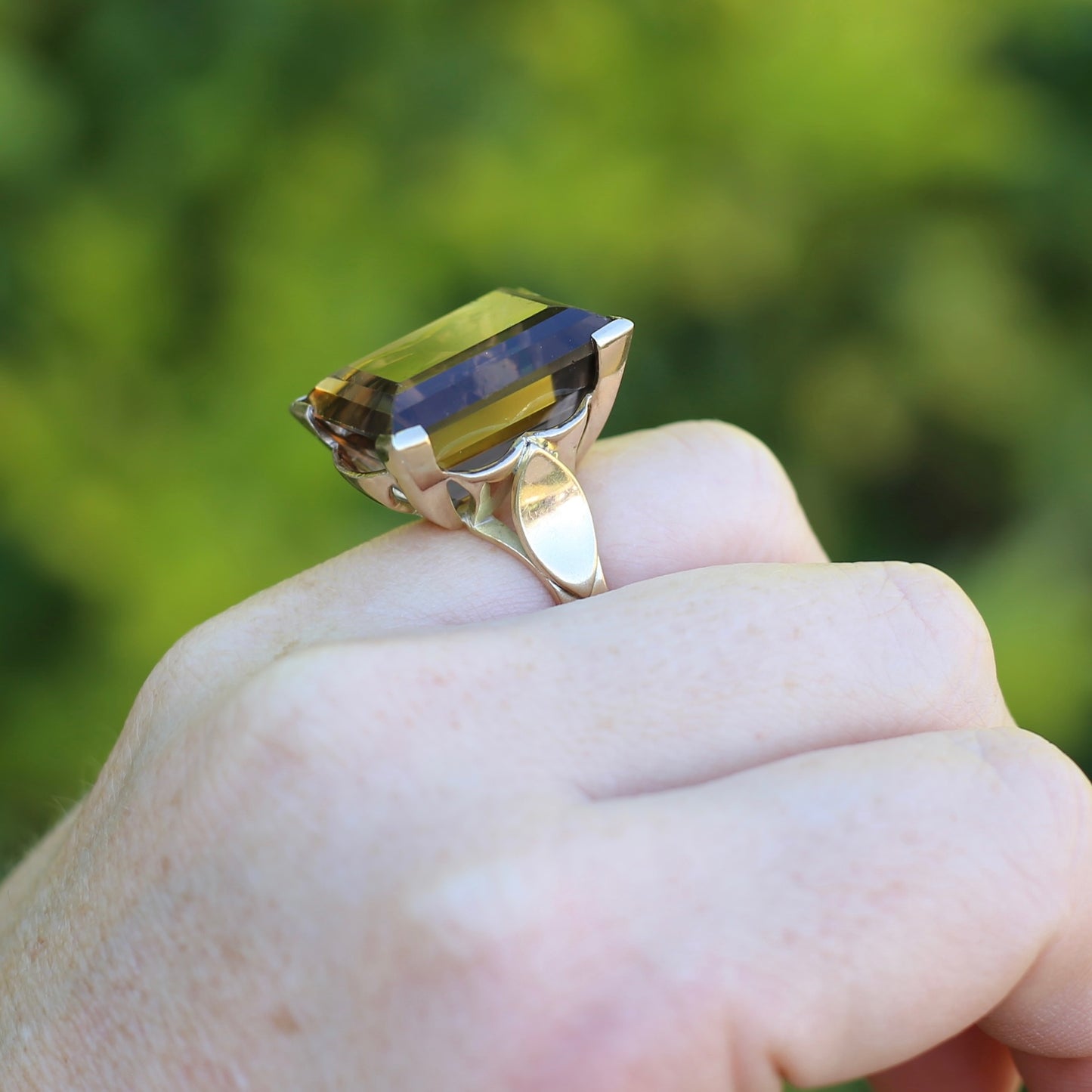 Mid Century 36ct Princess Cut Smoky Quartz Cocktail Ring, 9ct Yellow Gold, size N1/2 or 6.75