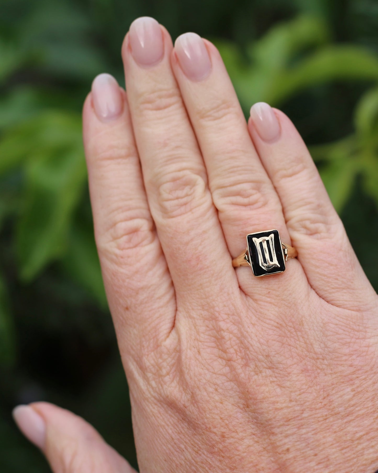 "W/M" Vintage Onyx and 9ct Yellow Gold Signet Ring, 9ct Yellow Gold, size N or 6.75