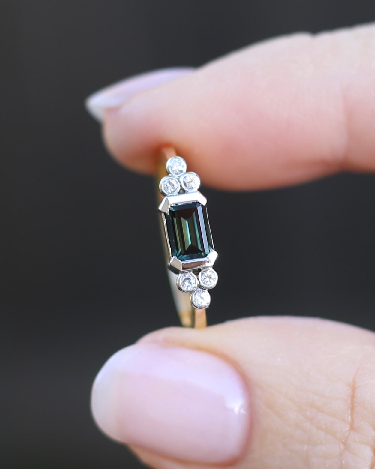 Vintage East West Set Natural Sapphire and Diamond Ring, 18ct Yellow and White Gold, size O or 7.25, 3.36g, with valuation