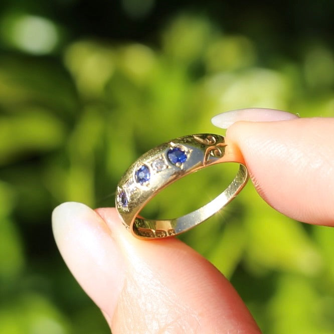 1897 Old Cut Sapphire and Diamond Five Stone Ring, 18ct Yellow Gold, size O or 7.25