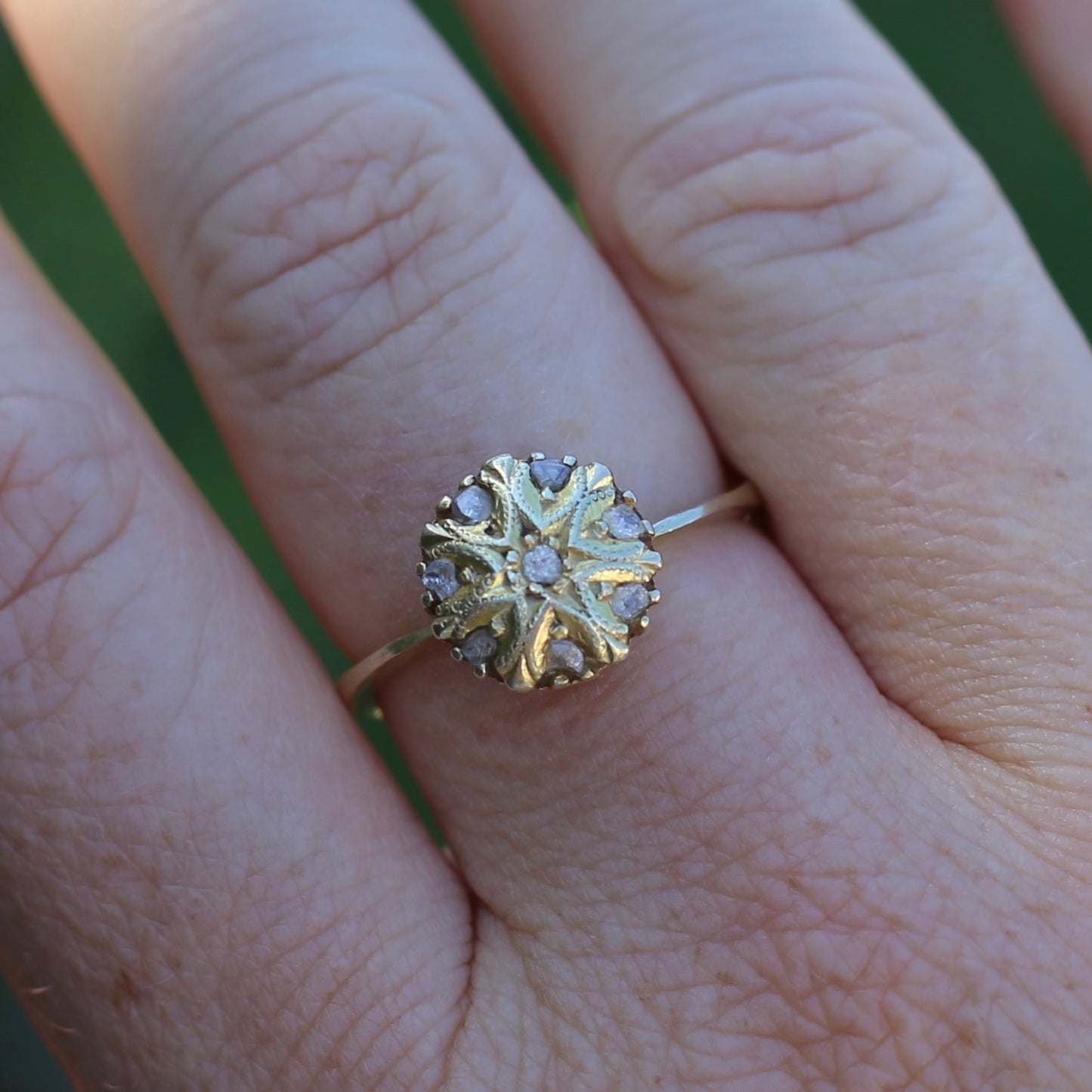 Rustic Handmade Likely Victorian Rose and Table Cut Diamond & Quartz Ring, approx 12ct Yellow Gold, size T or 9.5