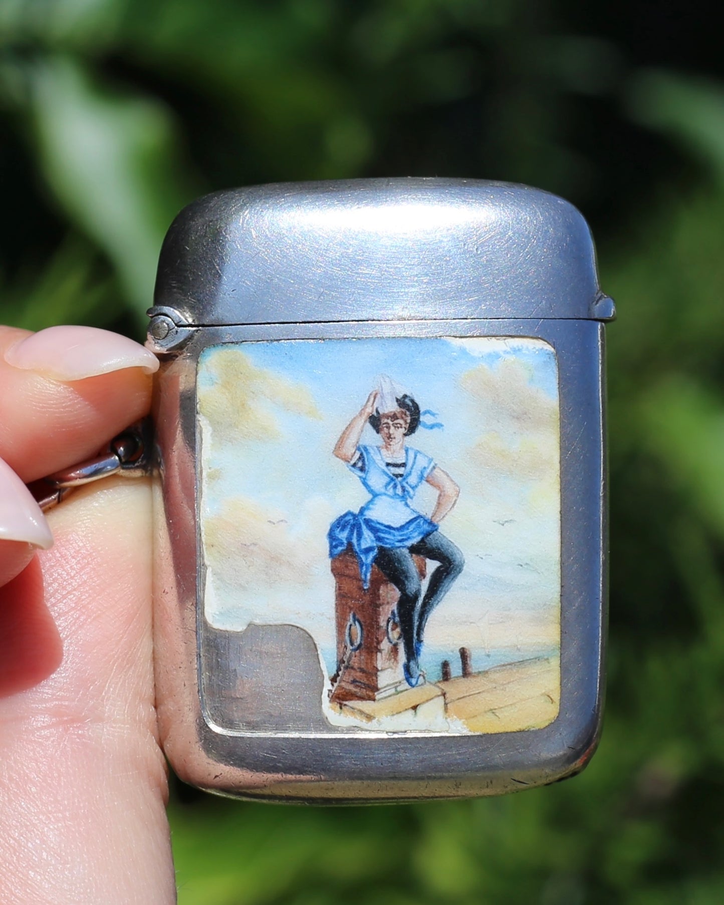 Antique 1896 Vesta Case featuring Enamel Sailor Girl, Sterling Silver, 39g