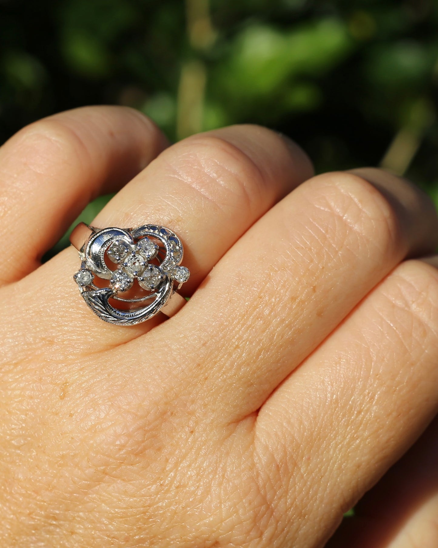 Old Cut and Early Brilliant Cluster Clover Ring, 9ct White Gold, size O or 7