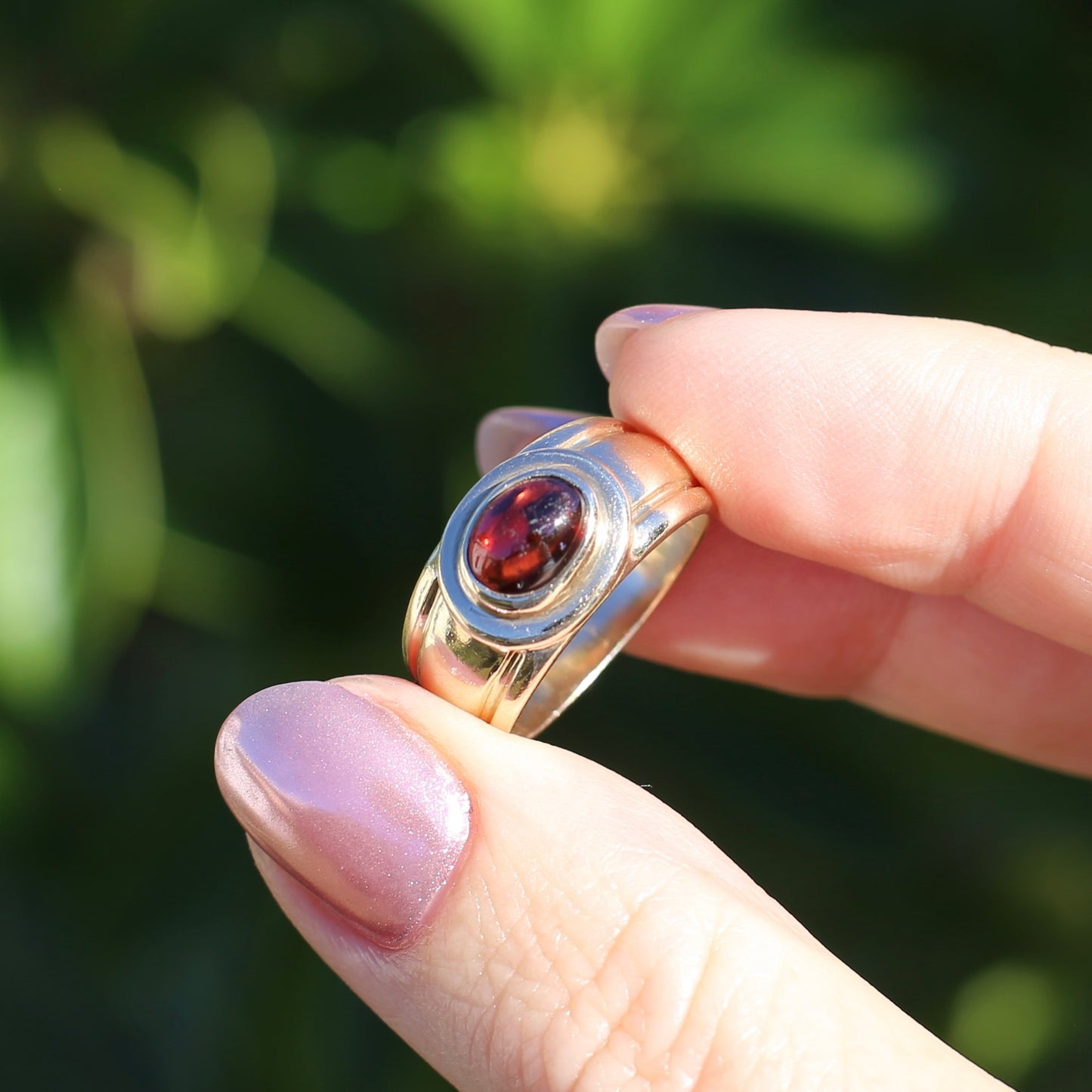 Chunky Gold East West Set Garnet Cabochon, 9ct Yellow Gold, size O1/2 or 7.5