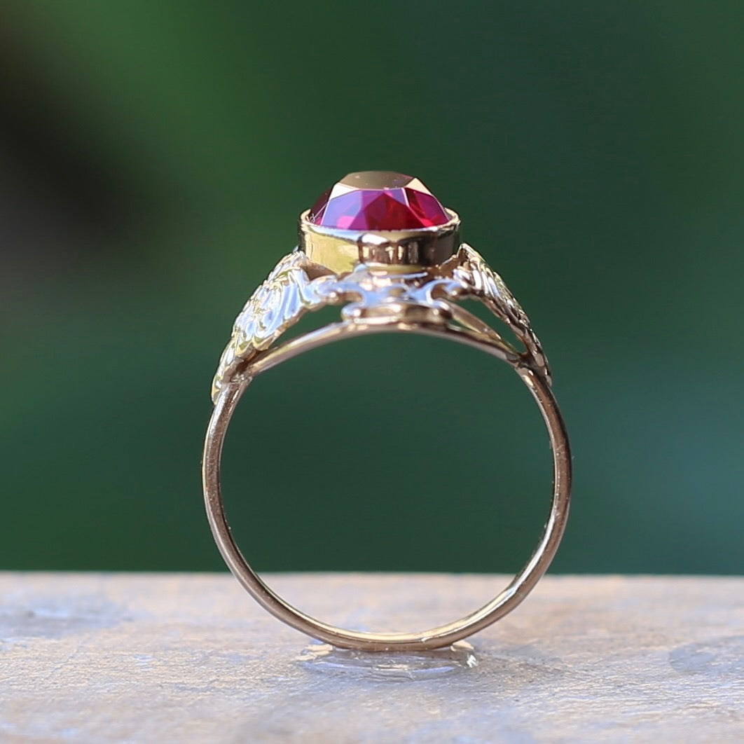 Mid Century Russian Oval Synthetic Ruby in Rosey Gold Floral Setting, 14ct Old Rosey Gold, size N1/2 or 7