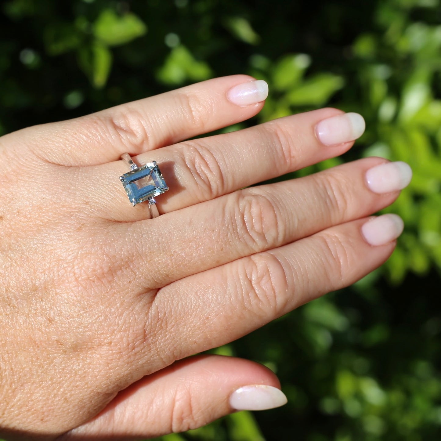 Emerald Cut Prasiolite and Diamond Ring, 9ct White Gold, size P or 7.75