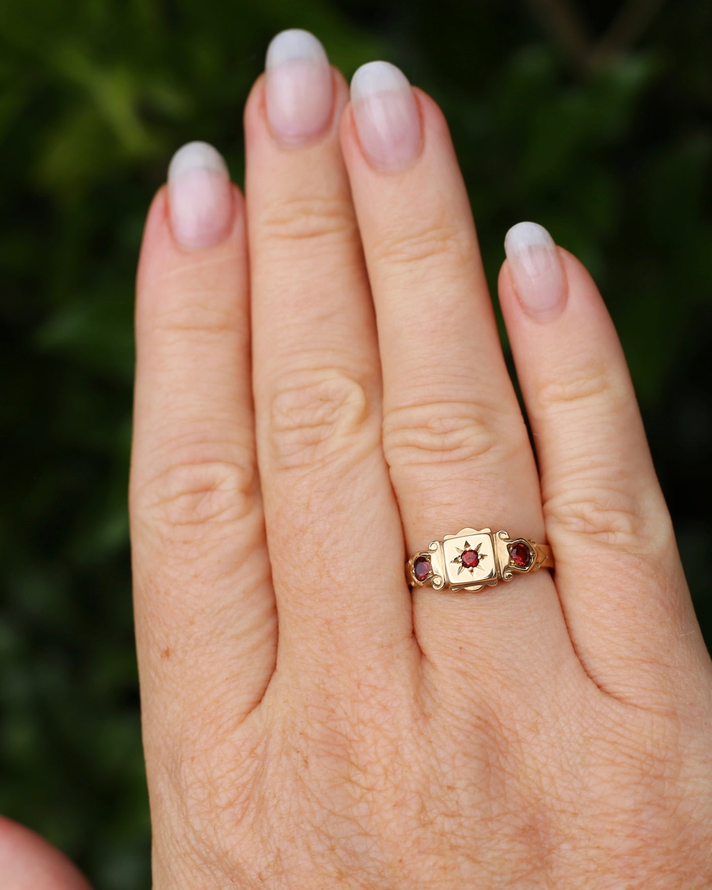 Victorian Revival Garnet Trilogy Star Set Ring, 9ct Yellow Gold, size O1/2 or just over 7.25