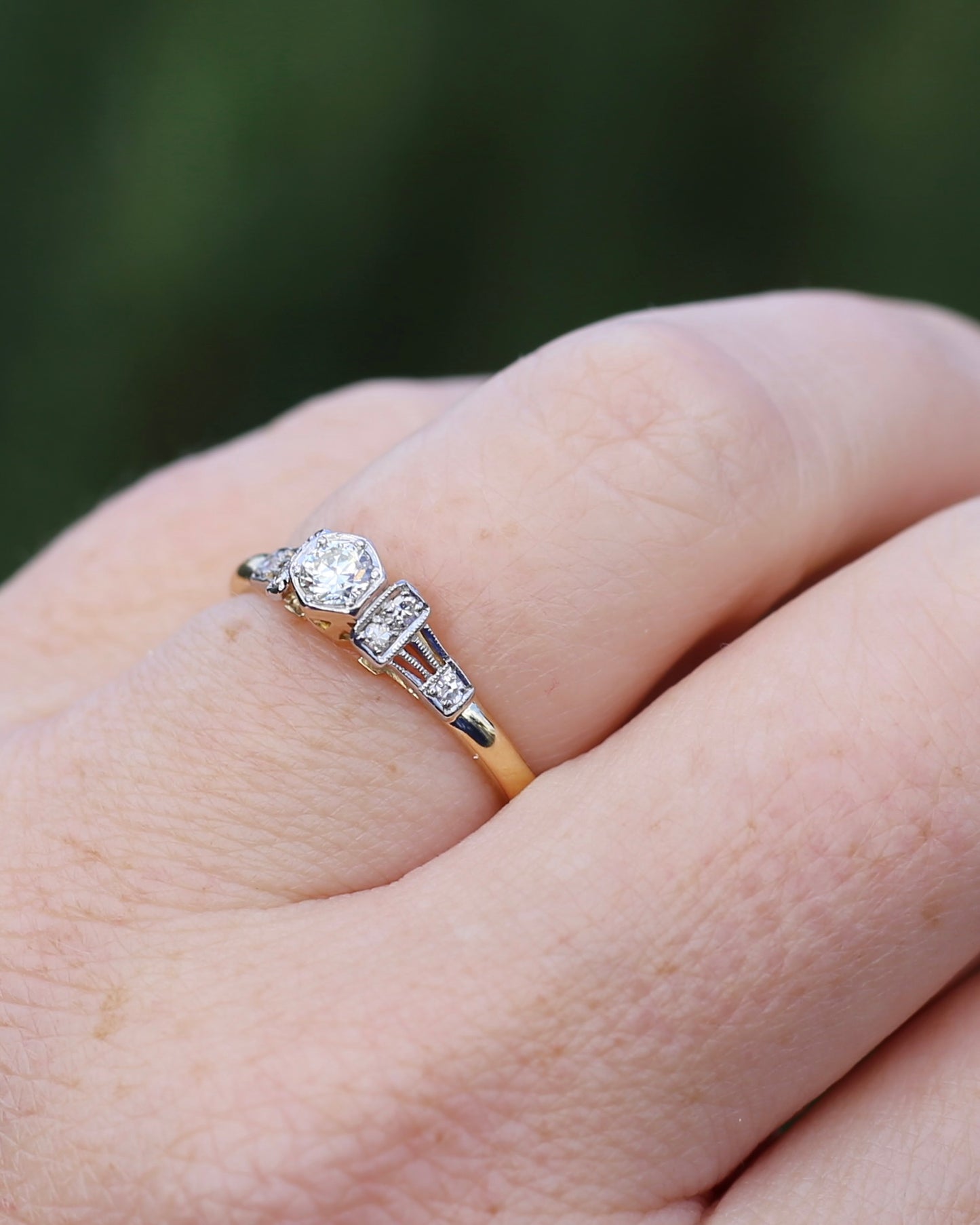 Hexagonal Grain Semi Modern Cut Diamond and Single Cut Diamond Shoulders Ring, 18ct White and Yellow Gold, size P1/2 or 8, 2.58g, with valuation