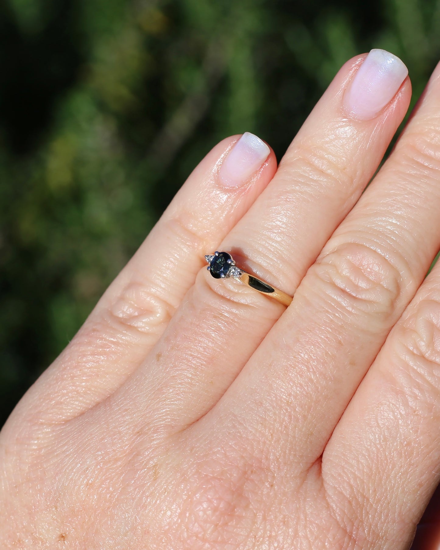 Dark Australian Sapphire and Diamond Dainty Trilogy, 9ct Yellow and White Gold, M1/2 or 6.5, 1.75g