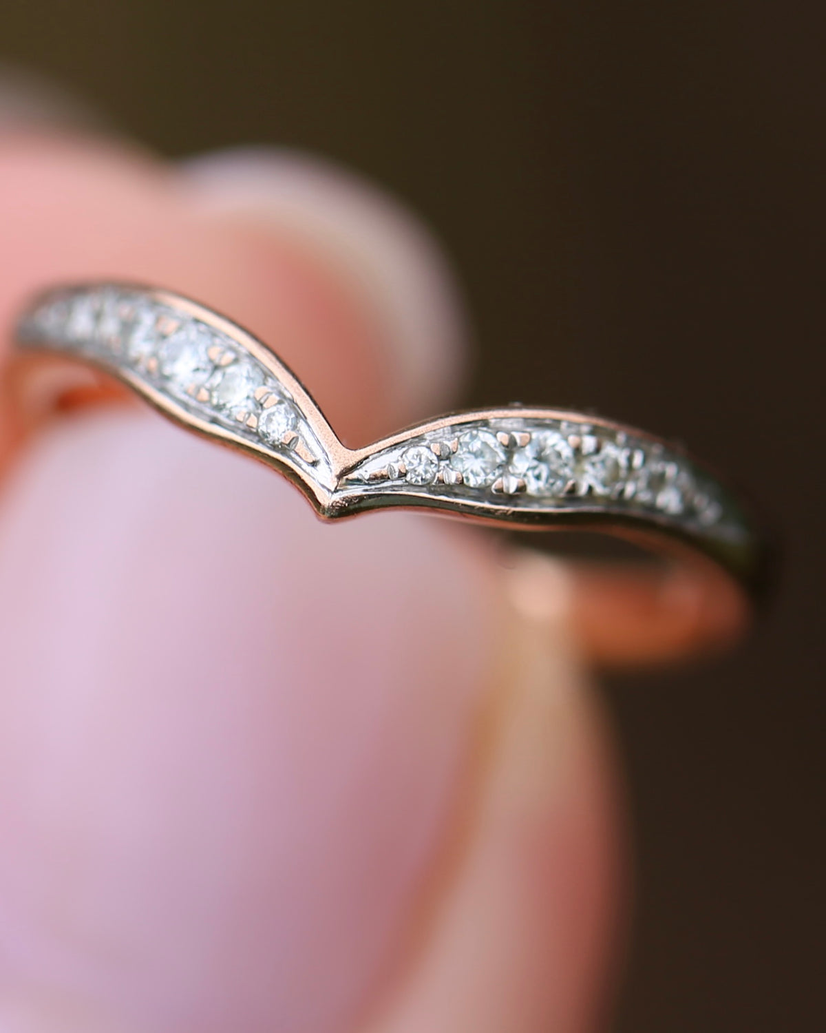 Bead Set Natural Diamond Wishbone Ring, 9ct Rose Gold, size J or 4.75, 1.7g