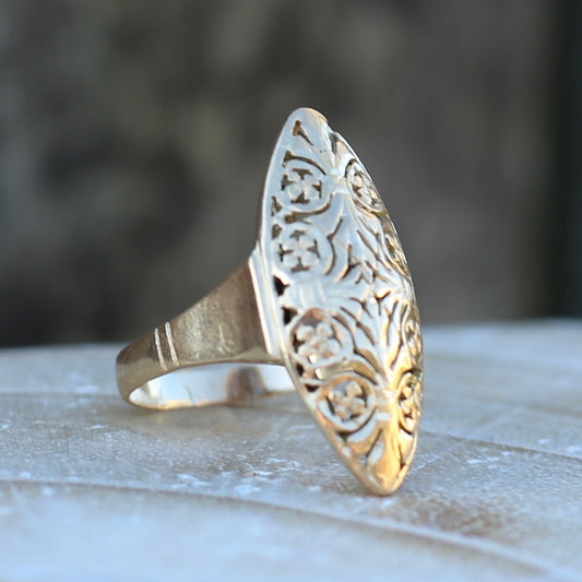 Hand Carved Navette Ring, 14ct Yellow Gold, size Q or 8.25g