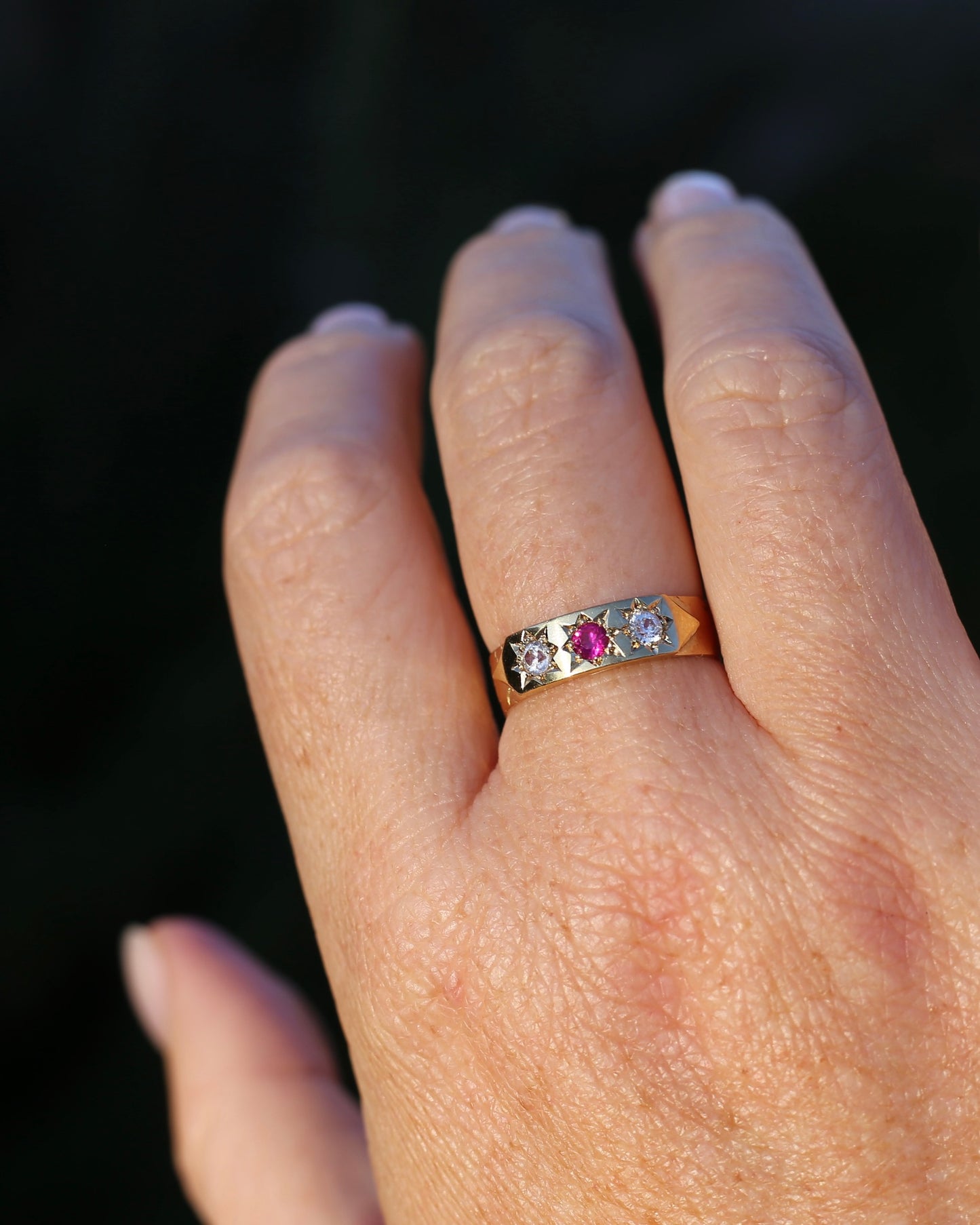 1873 15ct Band with 18ct Trilogy Old Cut Star Set Addition, 15 & 18ct Gold, size R1/2 or 8.75 (fits slightly smaller)