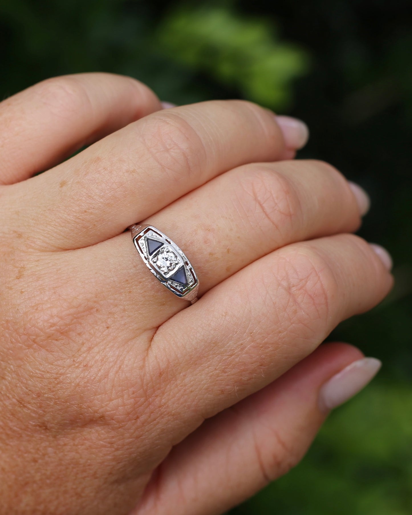 Art Deco Diamond and Sapphire Trilogy in Raised Handmade Engraved Floral Setting, 14ct White Gold, size U or 10 - offering free resize down to 7 or O, with valuation