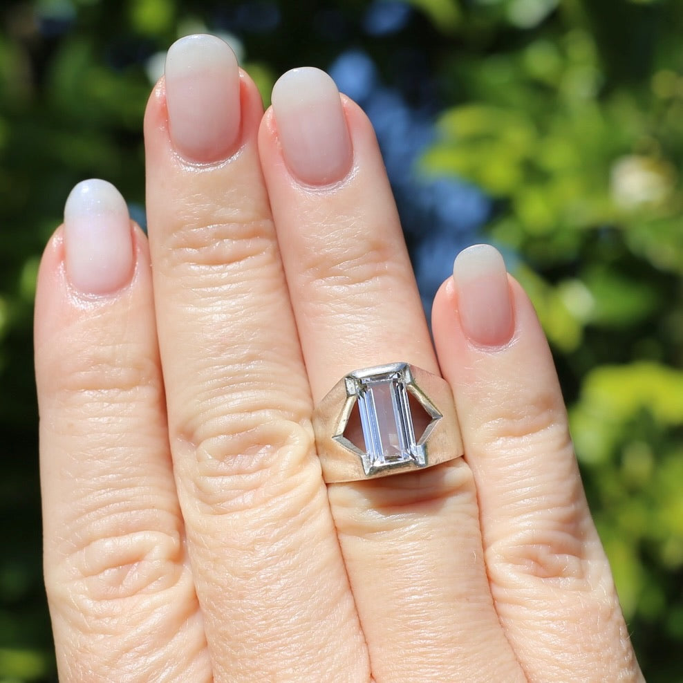 Mid Century Semi Bezel Set Emerald Cut White Spinel, Sterling Silver, size L or 5.75