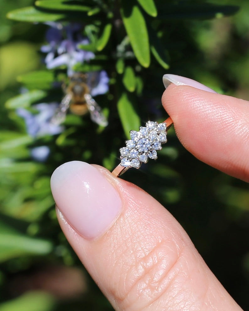 1991 London Made Diamond Cluster Ring, 9ct Yellow and White Gold, size J or 4.75, 2.2g
