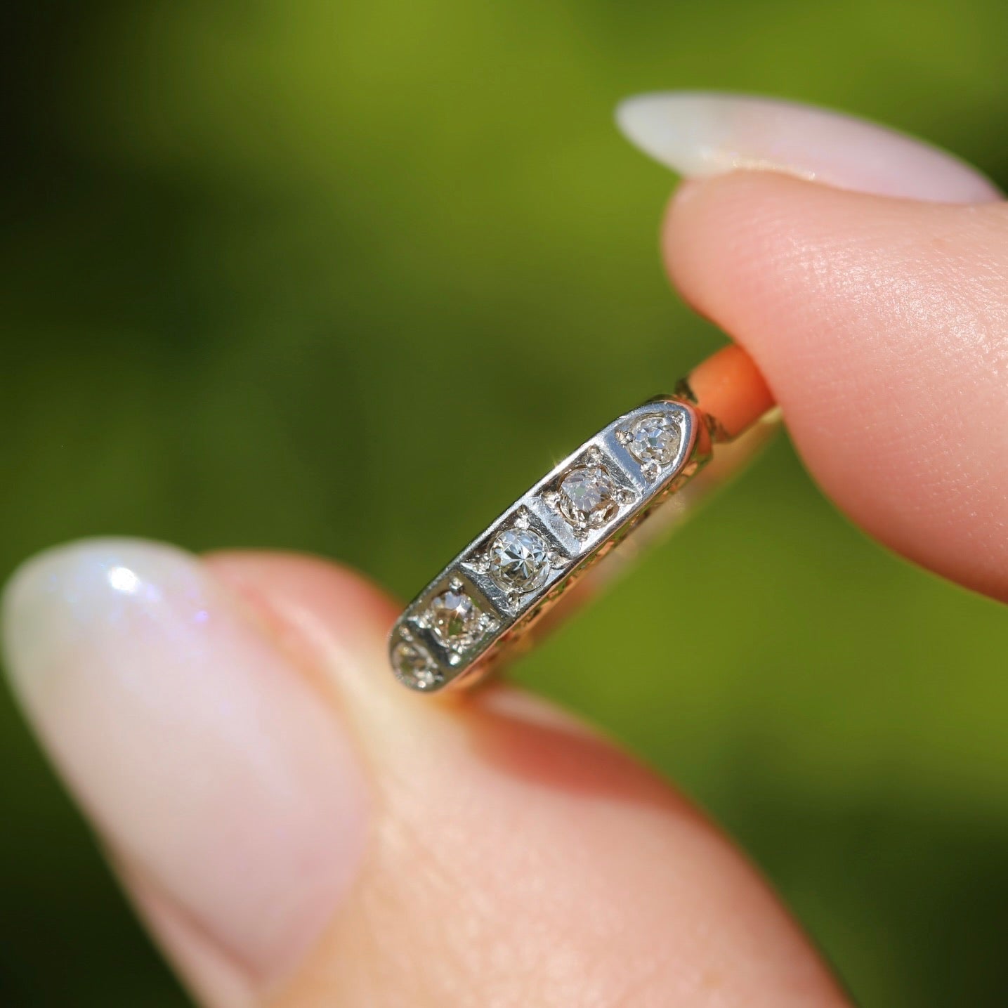 1930s Old Cut 5 Stone Diamond Ring, Platinum and 18ct Yellow Gold, size L or 5.75