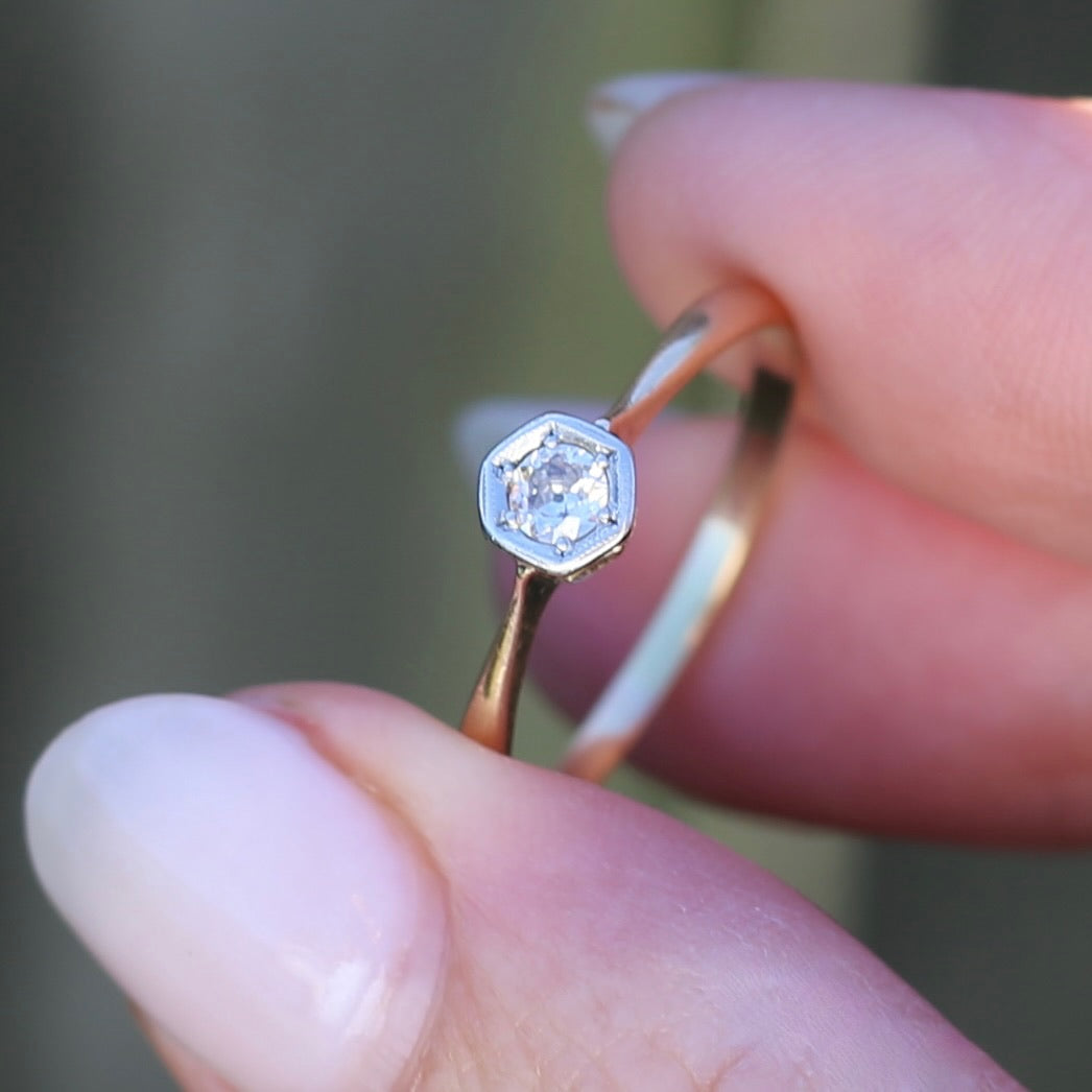 Early Australian Old Cut Diamond Solitaire by H. G. Rogers, 18ct White and Yellow Gold, size 9.5 or just over S1/2