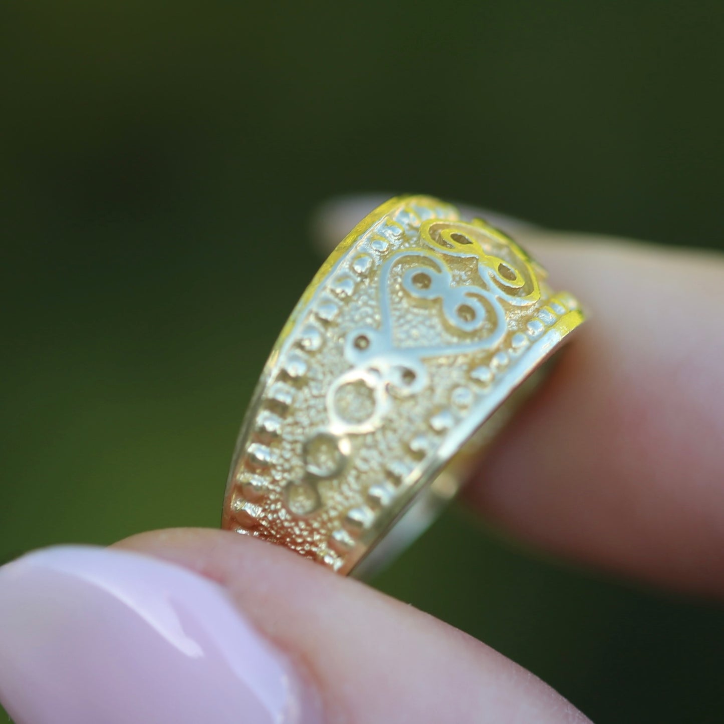 Chunky Embossed Decorative Wide Gold Ring, 14ct Yellow Gold, size N1/2 or 7