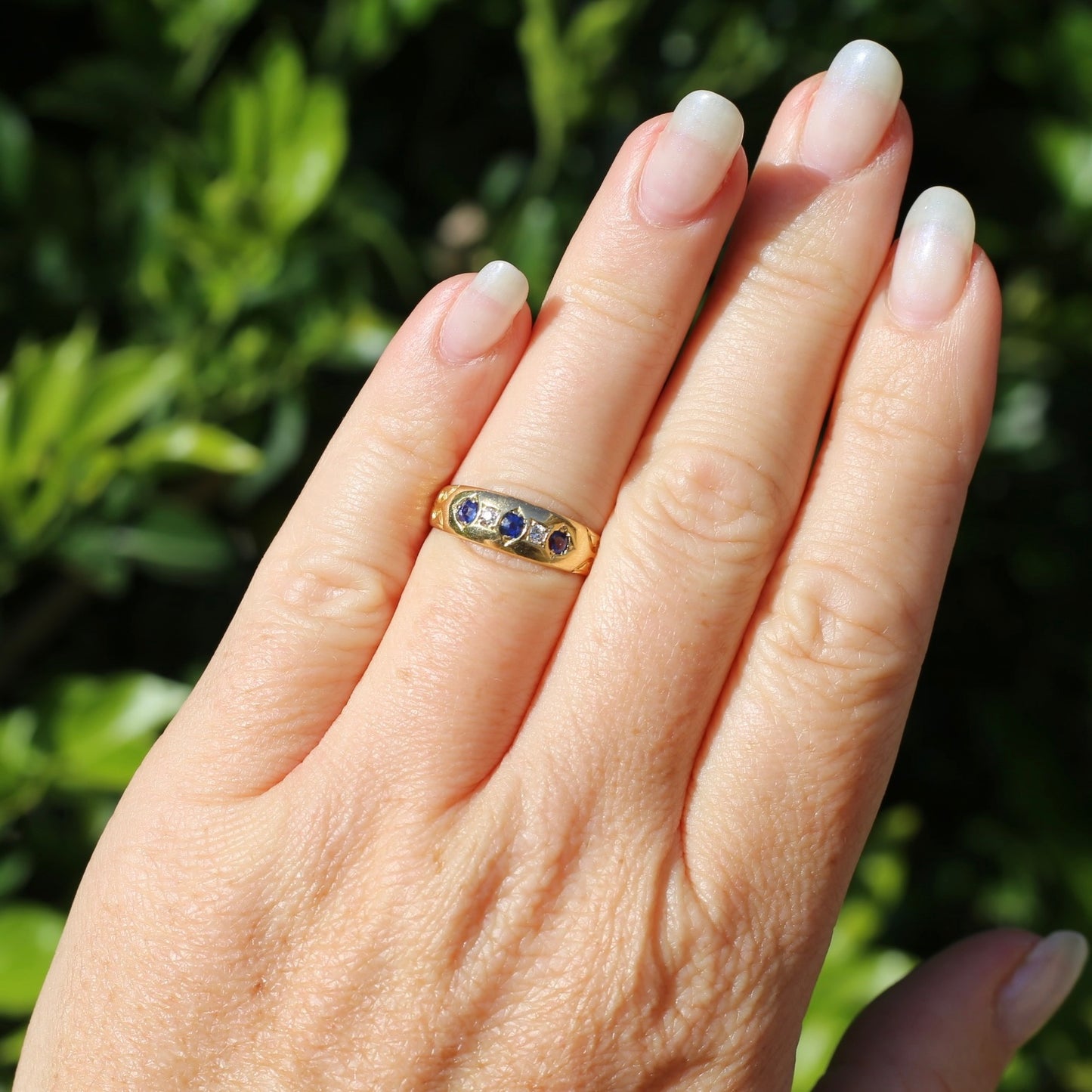 1897 Old Cut Sapphire and Diamond Five Stone Ring, 18ct Yellow Gold, size O or 7.25